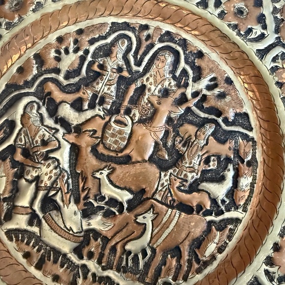 Vintage Persian Hand Hammered Copper Tinned Wall Hanging Plate Dish Tray - Picture 3 of 8